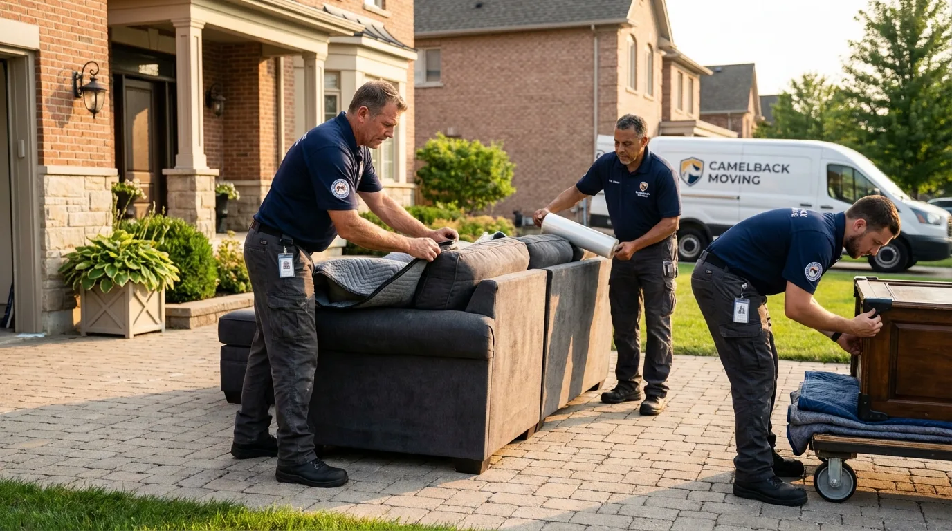 Large estate moving crew wrapping furniture in Nuevo, CA