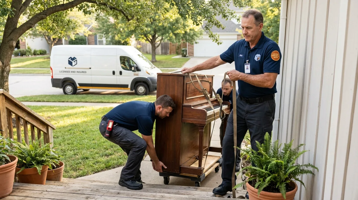 Licensed piano movers securing grand piano in Nuevo, CA