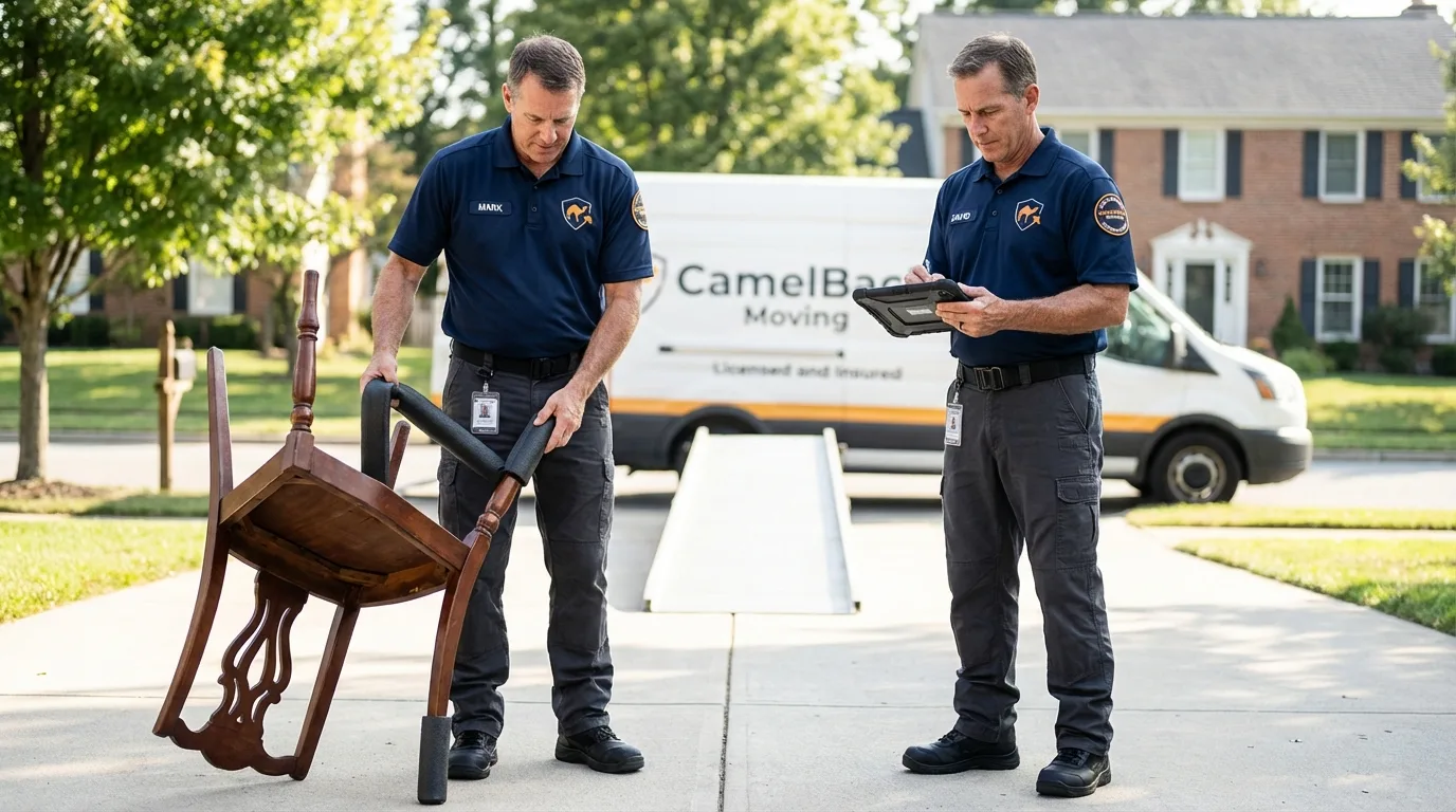 Movers inspecting furniture for damage prevention before loading in Nuevo, CA