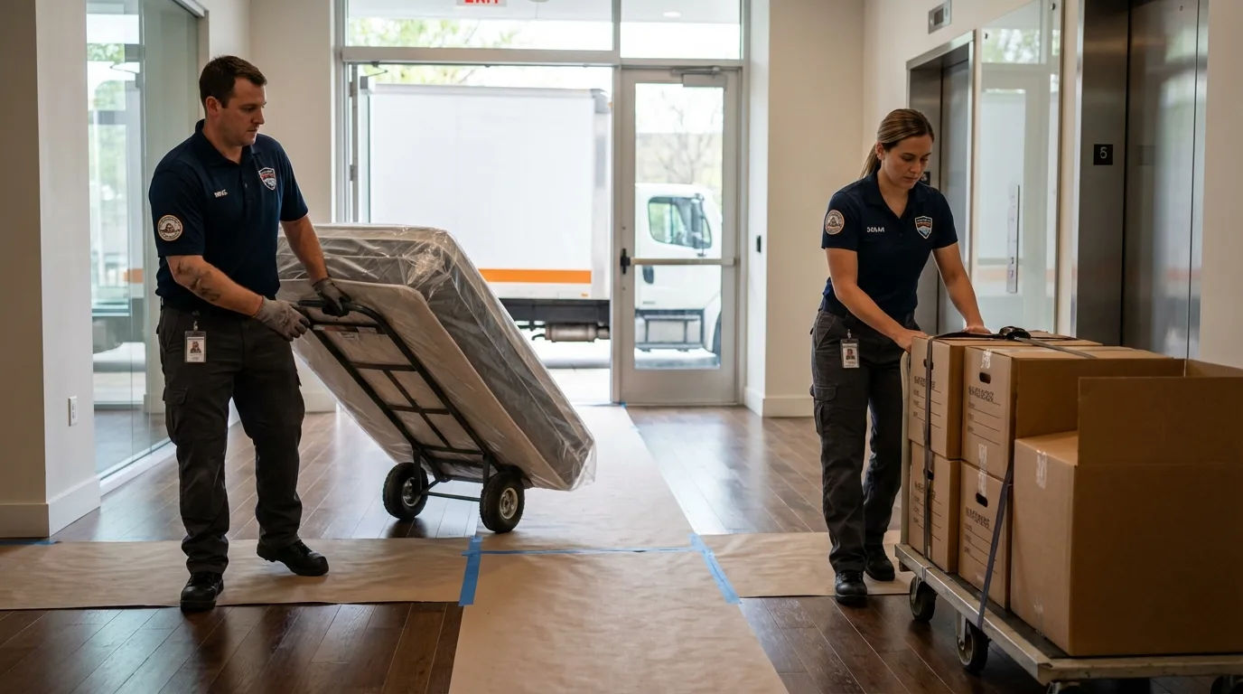 Professional apartment movers loading elevator in Nuevo, CA