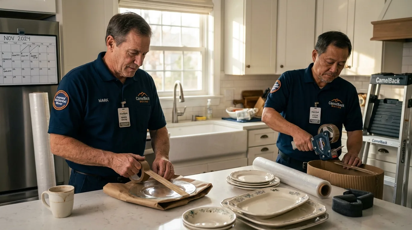 Professional crew packing kitchen dishware in Nuevo, CA
